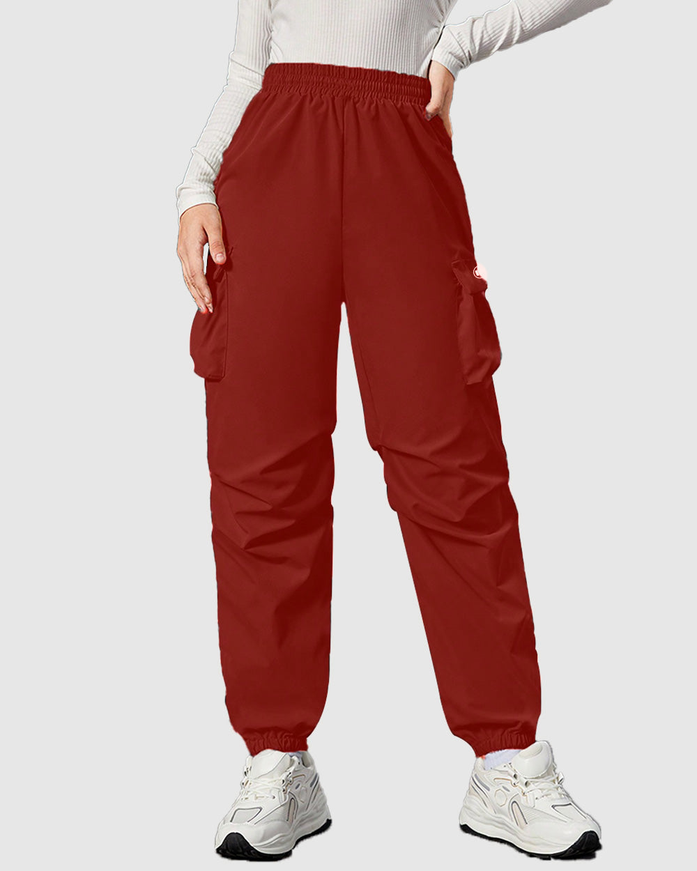 Widasio Women Basic Flap Pocket Cargo Pants - Maroon