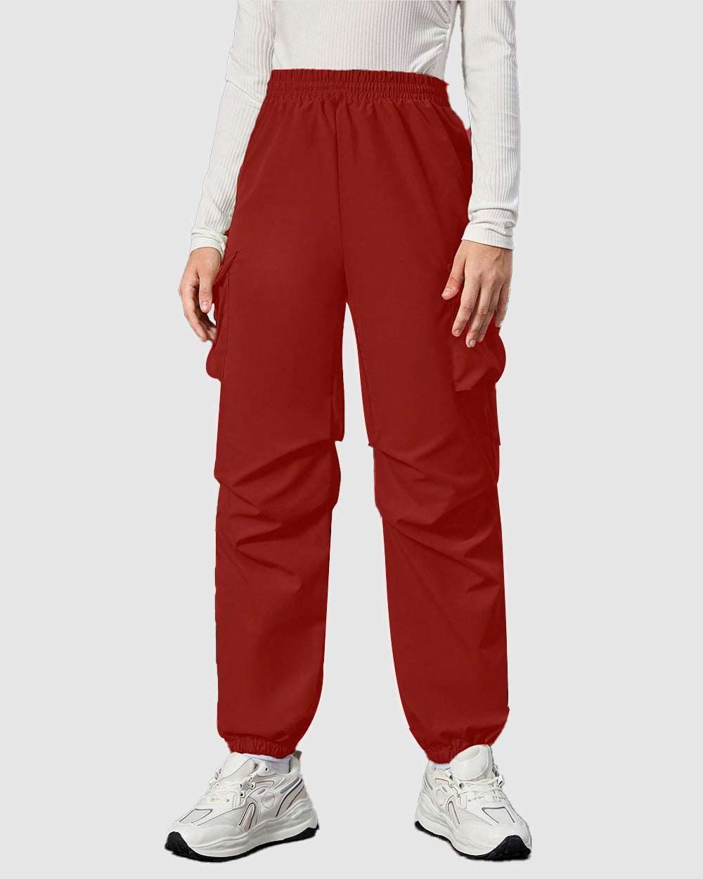 Widasio Women Basic Flap Pocket Cargo Pants - Maroon